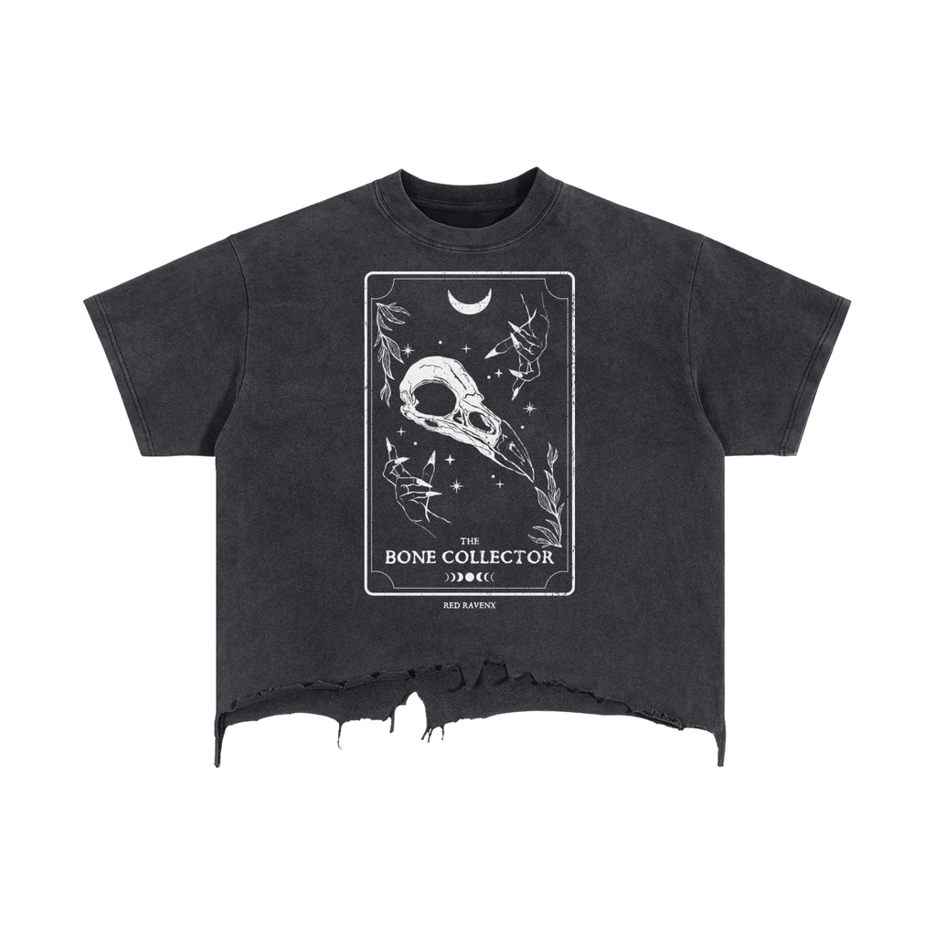 Bone Collector Raven Skull Distressed Hem T-Shirt
